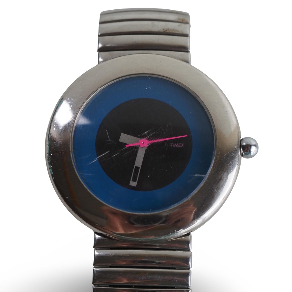 Vintage Timex Mod Space Age Watch Blue Black Pink Dial Mechanical 1970s